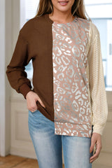 Brown Glitter Leopard Patchwork Crew Neck Long Sleeve Top Long Sleeve Tops JT's Designer Fashion