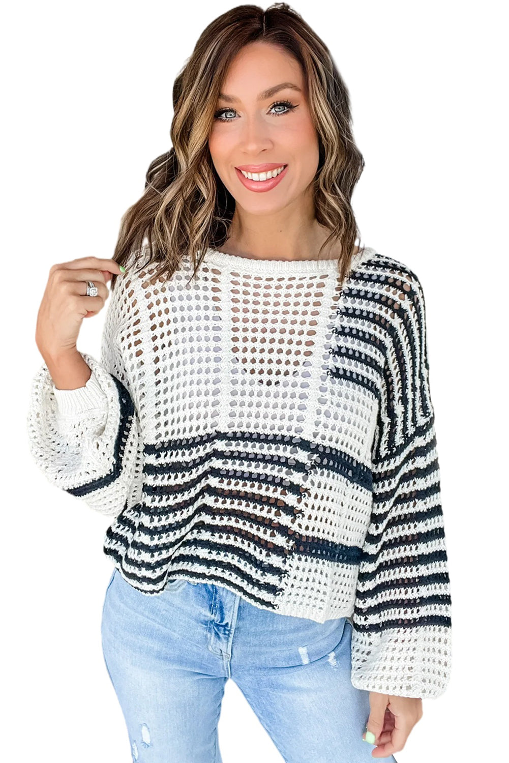 White Stripe Contrast Striped Crochet Puff Sleeve Sweater Sweaters JT's Designer Fashion