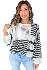 White Stripe Contrast Striped Crochet Puff Sleeve Sweater Sweaters JT's Designer Fashion