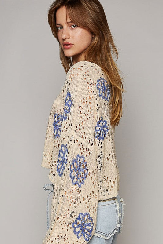 Beige Contrast Flower Print Eyelet Drop Shoulder Sweater Sweaters JT's Designer Fashion
