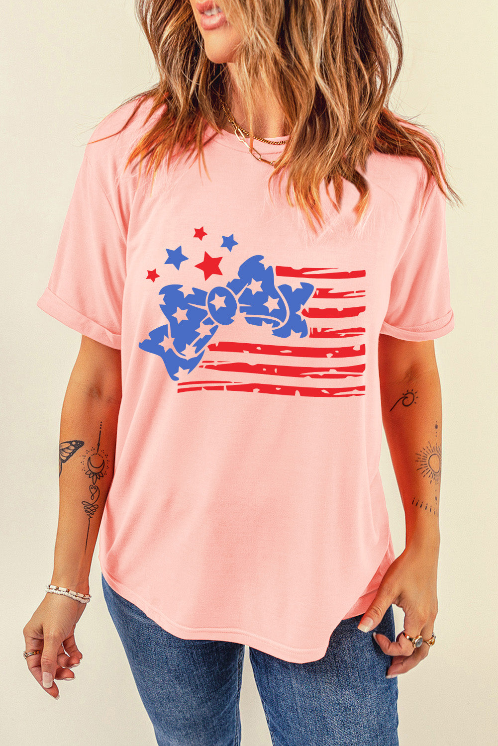 Pink Stars and Stripes Bow Knot Crew Neck T Shirt Graphic Tees JT's Designer Fashion