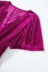 Red Dahlia Velvet Short Sleeve Shirred Waist Tiered Long Dress Maxi Dresses JT's Designer Fashion