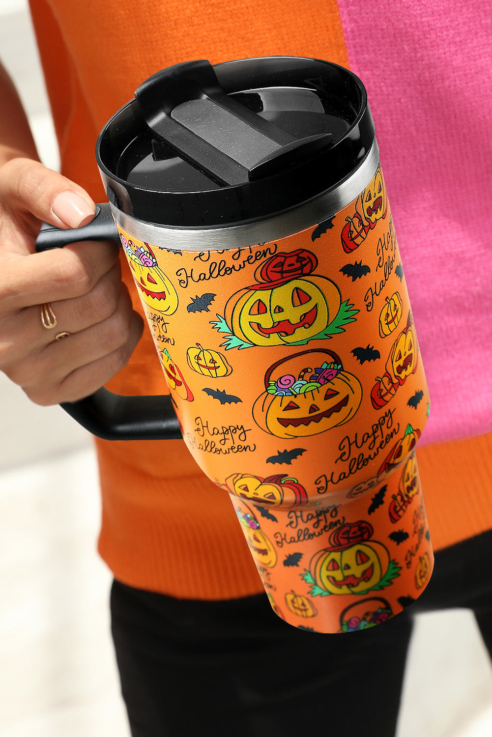 Orange Halloween Pumpkin Print Handle Large Tumbler 40oz Tumblers JT's Designer Fashion