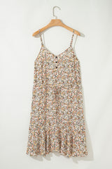 Khaki Boho Floral Printed Tie Waist Flared Sundress Floral Dresses JT's Designer Fashion