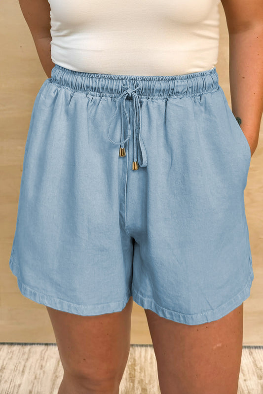 Beau Blue Washed Chambray Drawstring Elastic Waist Plus Size Shorts Beau Blue 75%Cotton+25%Polyester Plus Size Bottoms JT's Designer Fashion