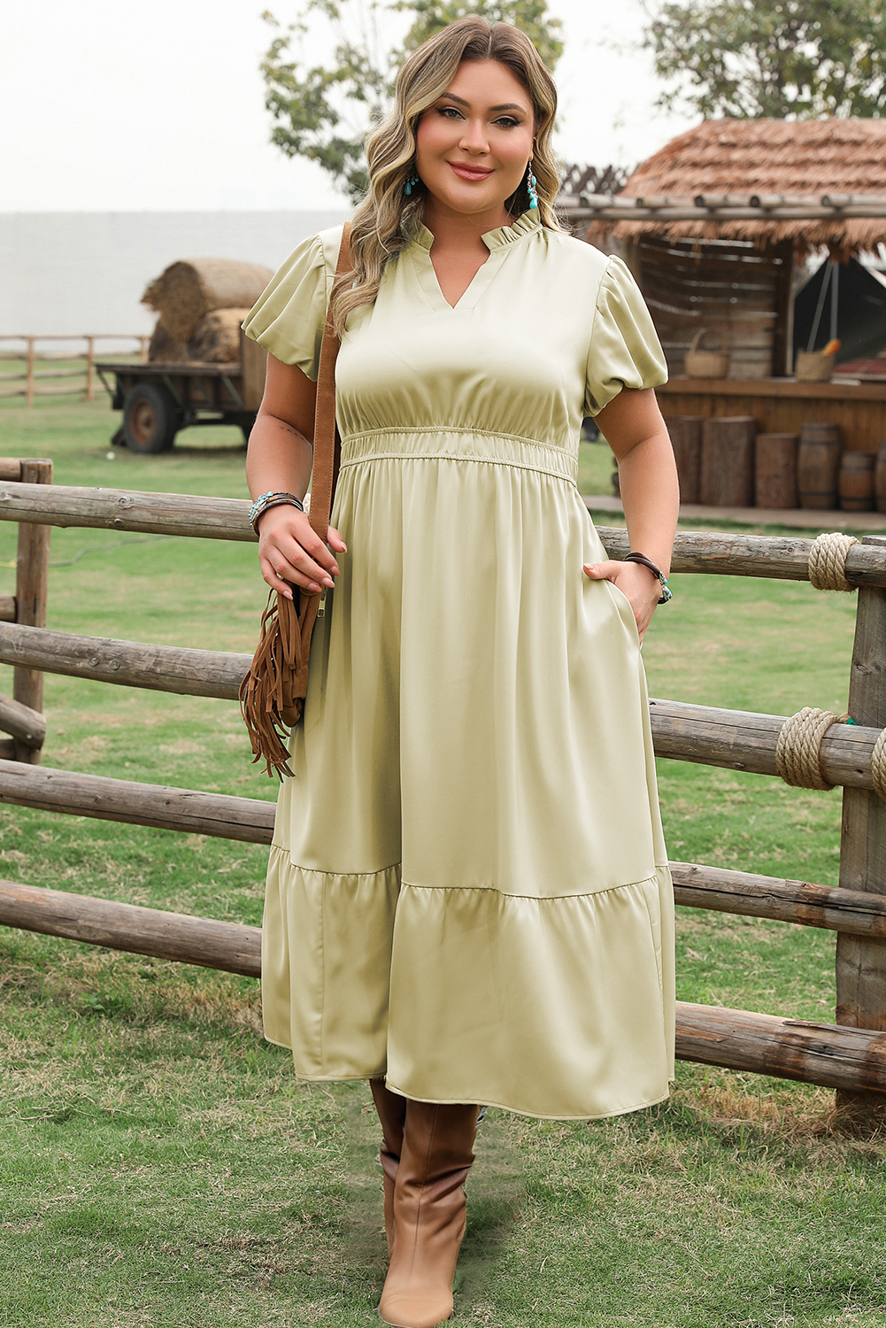 Laurel Green Notched V Neck Puff Sleeve Tiered Plus Size Maxi Dress Laurel Green 90%Polyester+10%Elastane Plus Size Maxi Dresses JT's Designer Fashion