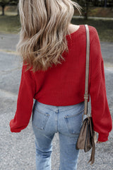 Racing Red Solid Textured Knit V Neck Drop Shoulder Sweater Sweaters JT's Designer Fashion