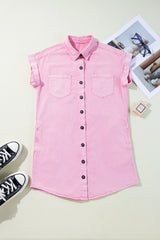 Pink Short Sleeve Double Chest Pocket Denim Shirt Dress Mini Dresses JT's Designer Fashion