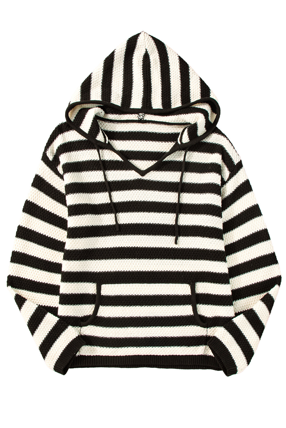 White Stripe V Neck Pocketed Drawstring Hooded Sweater Sweaters JT's Designer Fashion