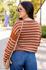 Brown Stripe Drop Shoulder Casual Sweater Sweaters JT's Designer Fashion