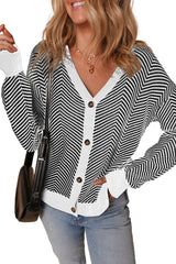 Black Stripe Buttoned Front V Neck Herringbone Cardigan Cardigans JT's Designer Fashion