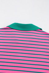 Rose Stripe Collared V Neck Puff Sleeve Shift T Shirt Dress with Pockets Plus Size Mini Dresses JT's Designer Fashion