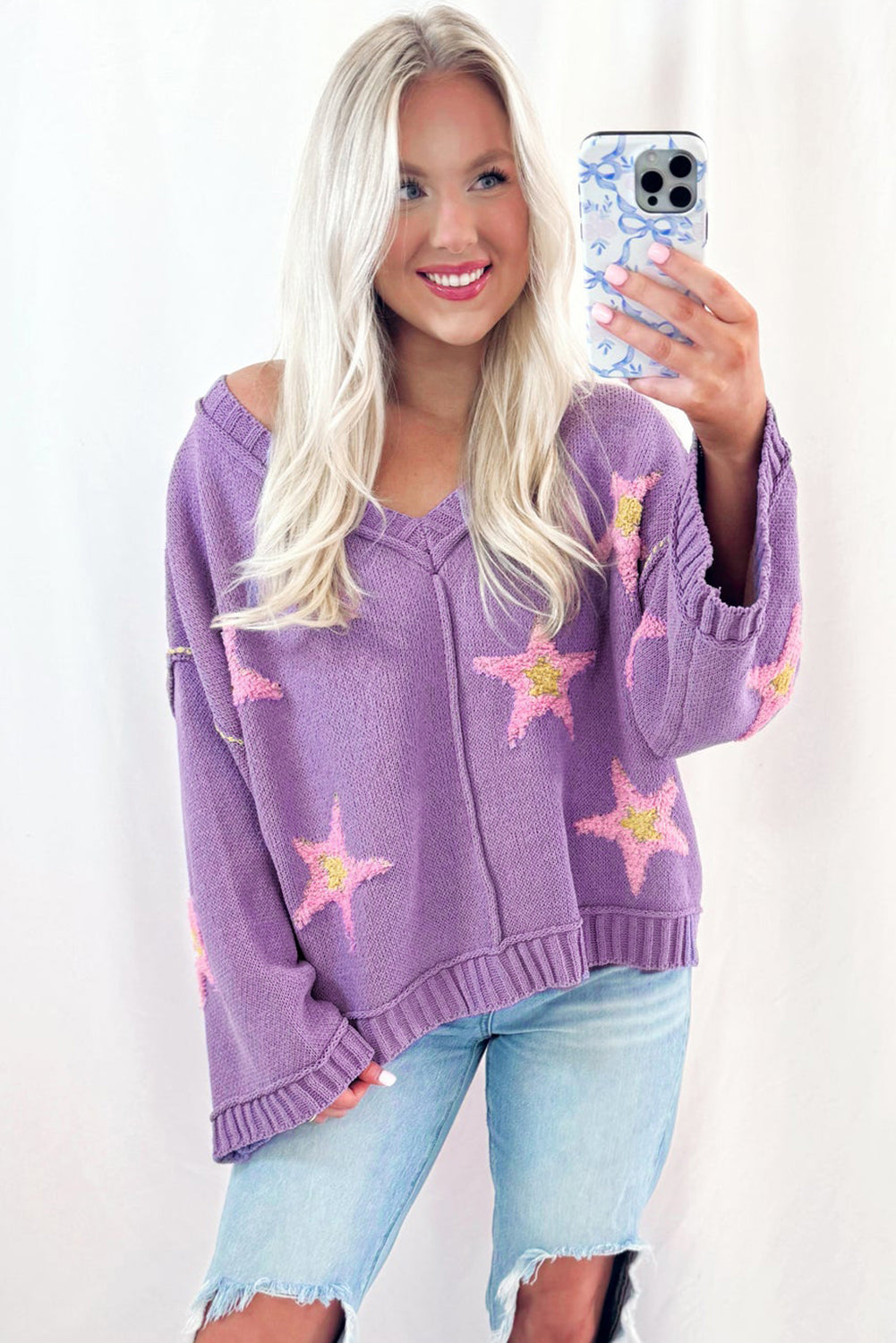 Lavendula Brushed Star Graphic V Neck Drop Shoulder Oversize Sweater Sweaters JT's Designer Fashion