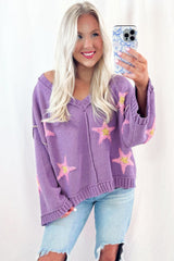 Lavendula Brushed Star Graphic V Neck Drop Shoulder Oversize Sweater Sweaters JT's Designer Fashion