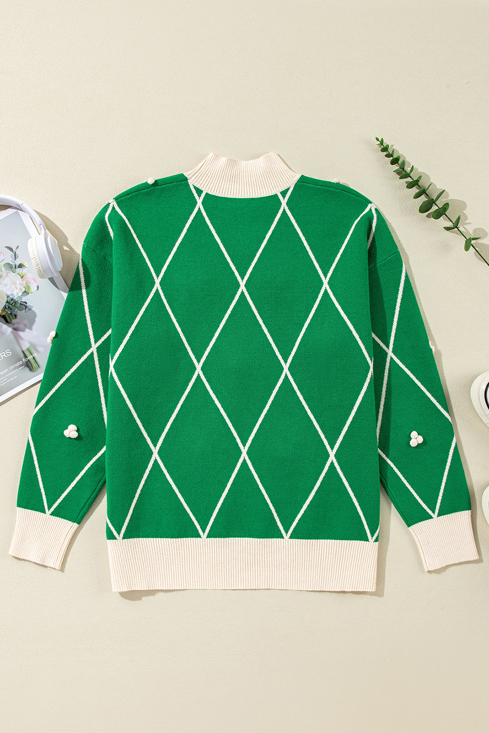Dark Green Diamond Pattern Pom Accents Contrast Trim High Neck Sweater Sweaters JT's Designer Fashion