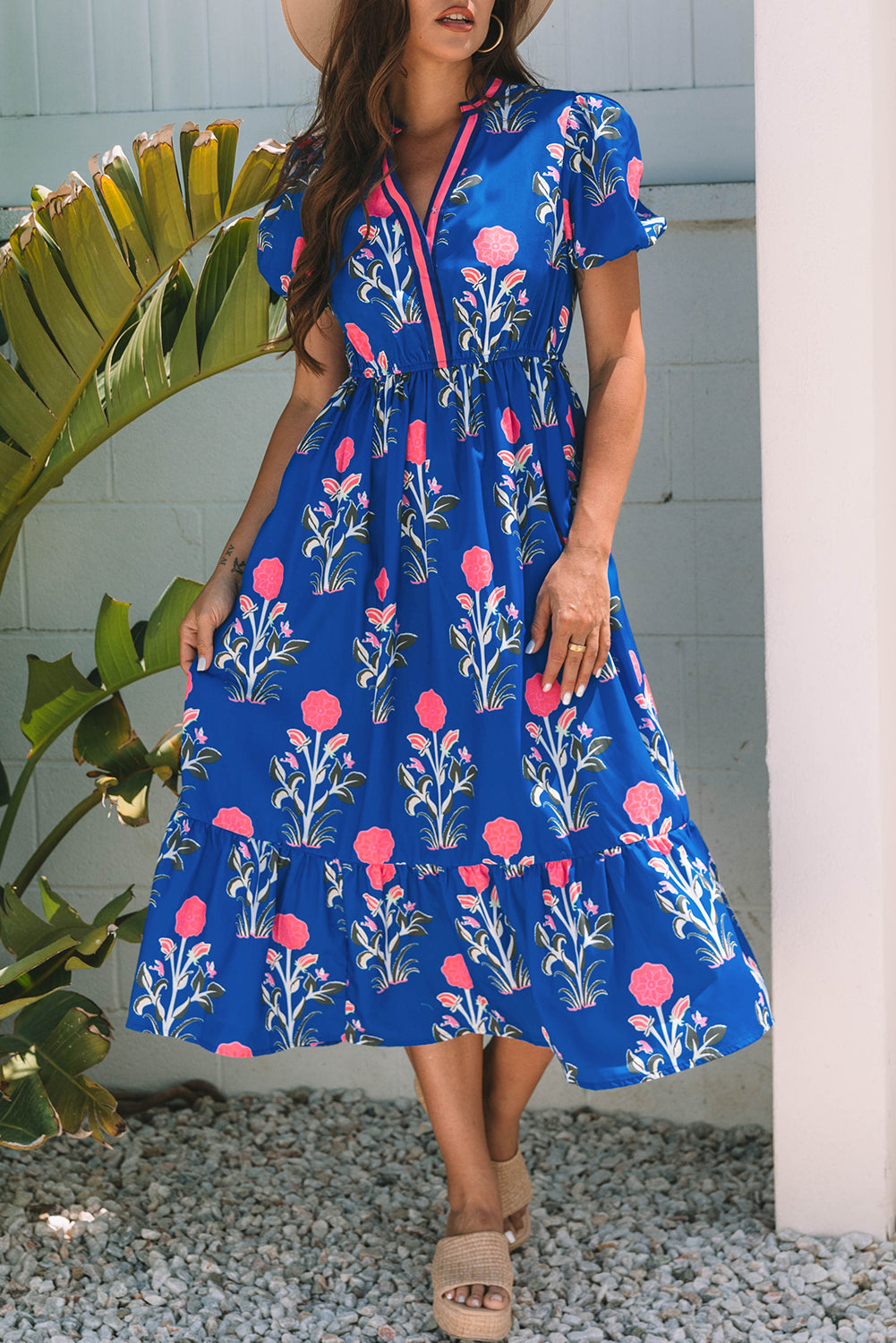 Sky Blue Floral Puff Short Sleeve V Neck High Waist Maxi Dress Floral Dresses JT's Designer Fashion