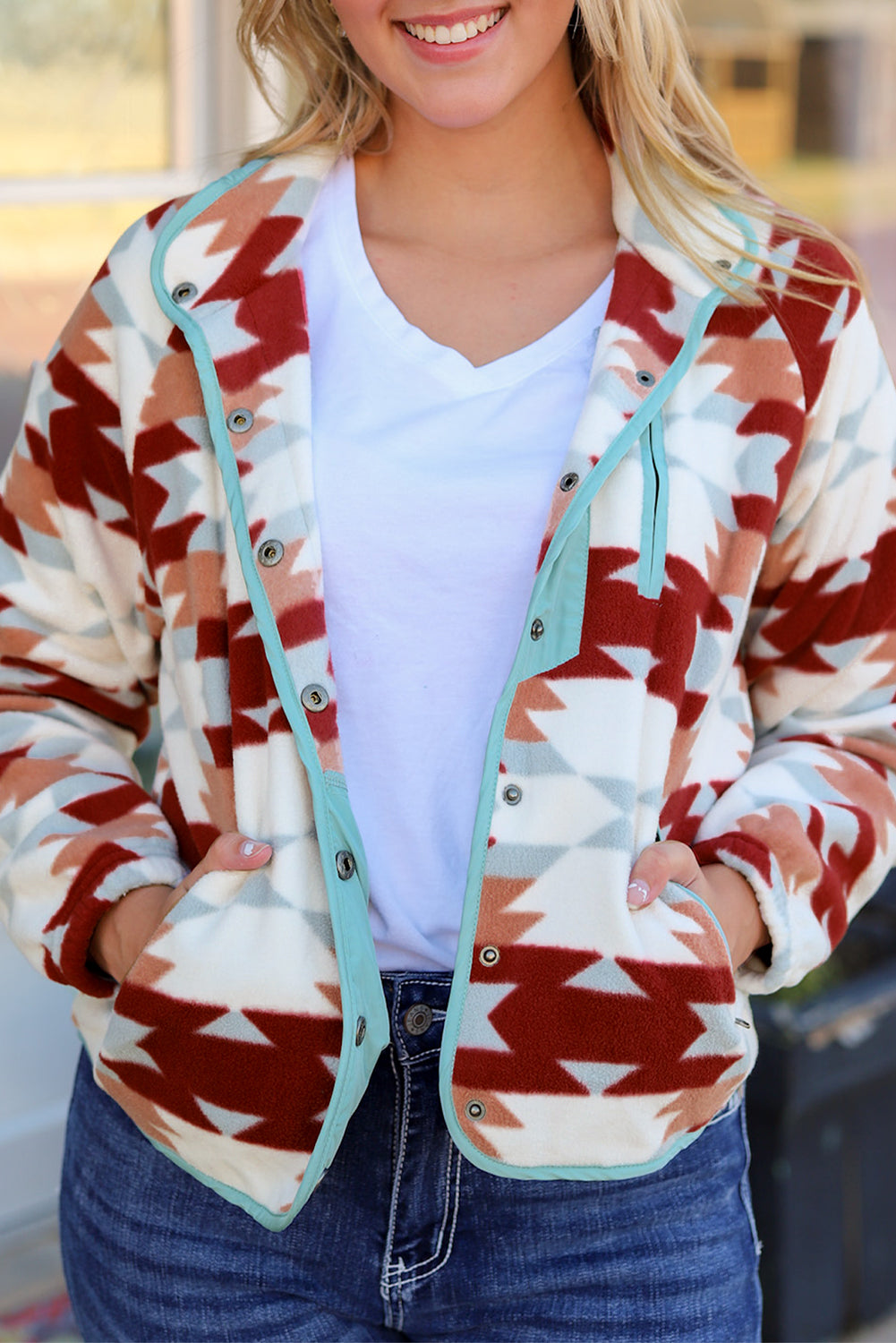 Fiery Red Western Aztec Buttoned Zipper Pockets Fleece Jacket Jackets JT's Designer Fashion