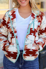 Fiery Red Western Aztec Buttoned Zipper Pockets Fleece Jacket Jackets JT's Designer Fashion
