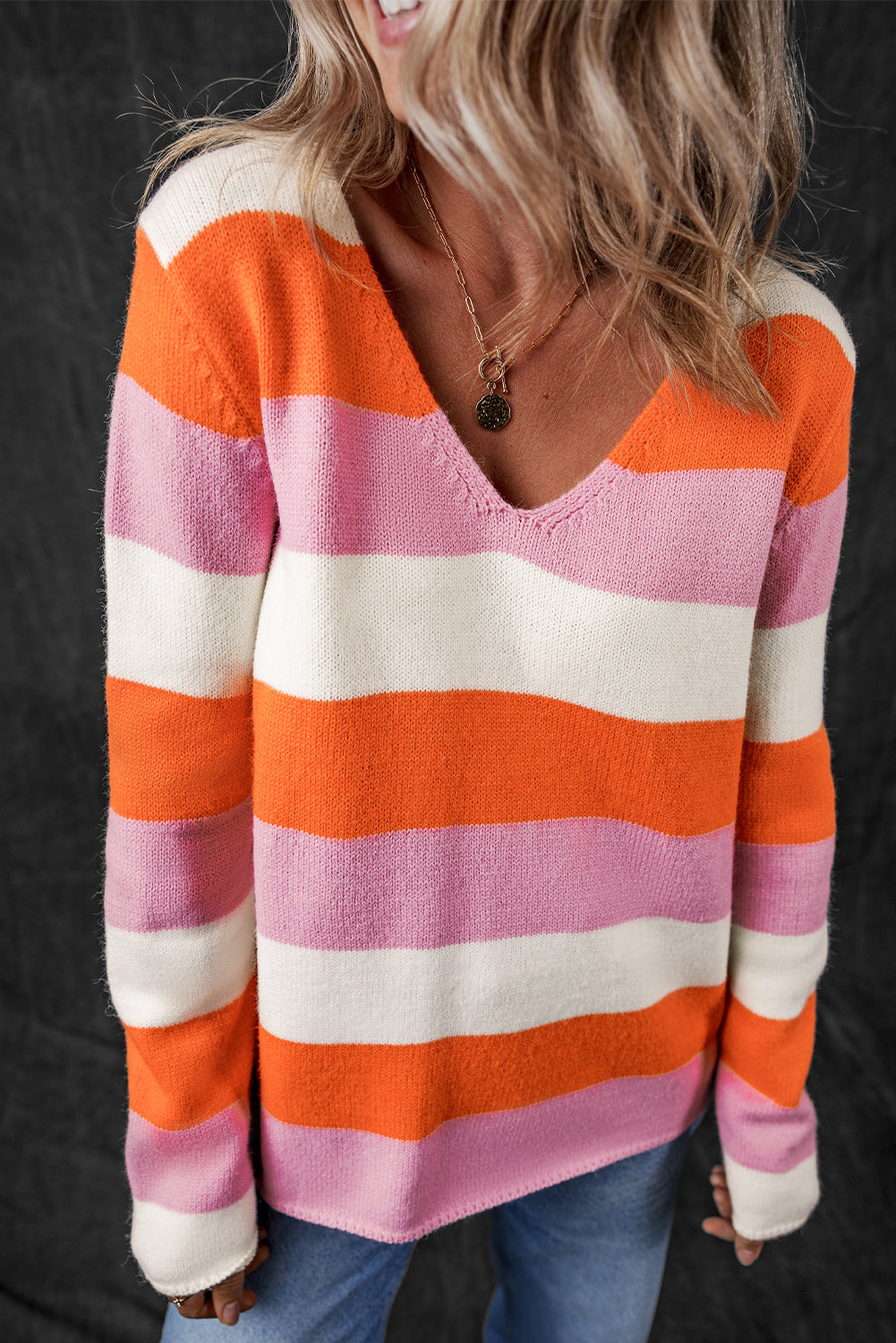 Orange Stripe Colorblock V Neck Casual Sweater Sweaters JT's Designer Fashion