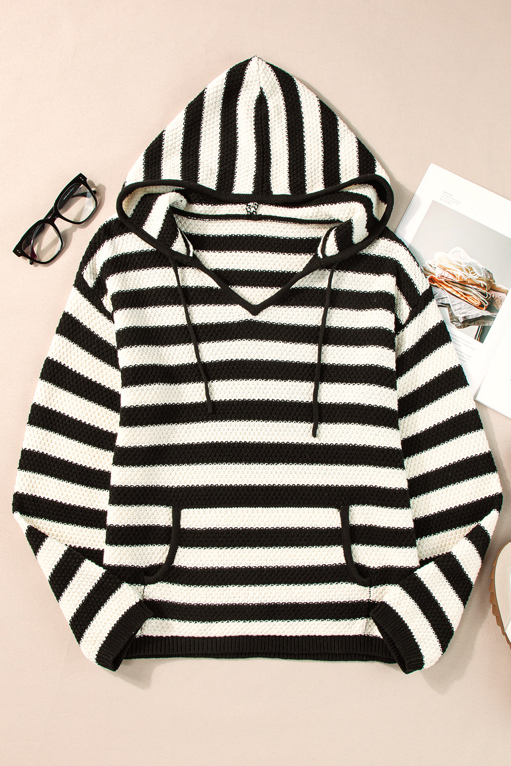 White Stripe V Neck Pocketed Drawstring Hooded Sweater Sweaters JT's Designer Fashion