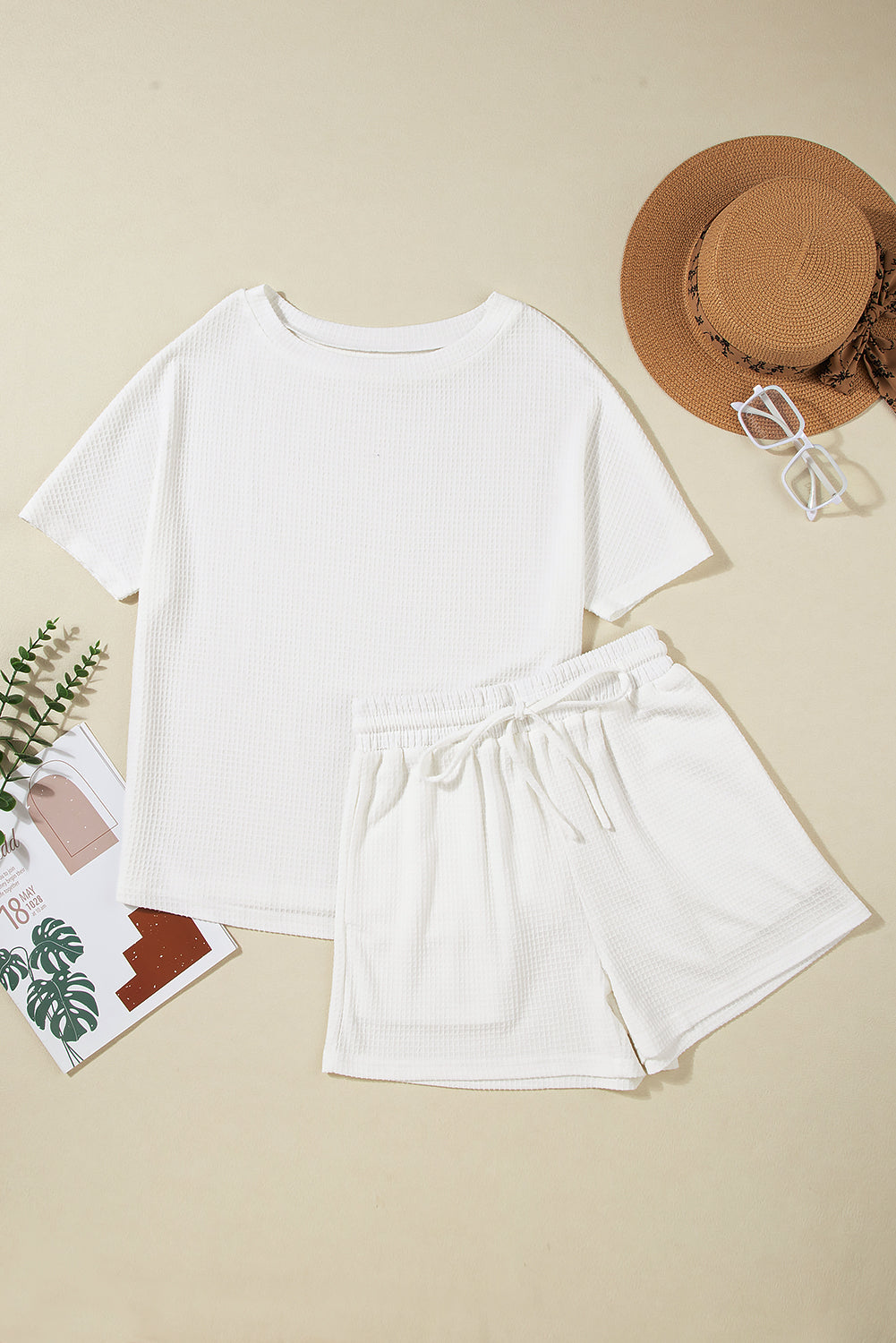 White Casual Textured Tee and Drawstring Shorts Set Short Sets JT's Designer Fashion