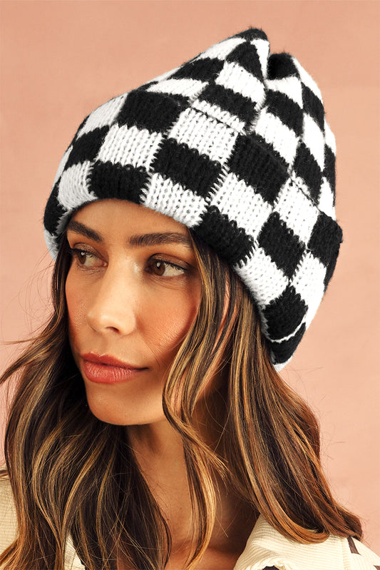 Black Two Tone Checkered Folded Eaveless Beanie Cap Hats & Caps JT's Designer Fashion