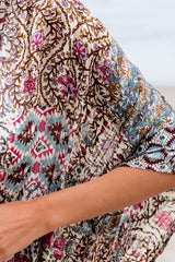 Apricot Floral Print Short Wide Sleeve Open Front Loose Kimono Kimonos JT's Designer Fashion
