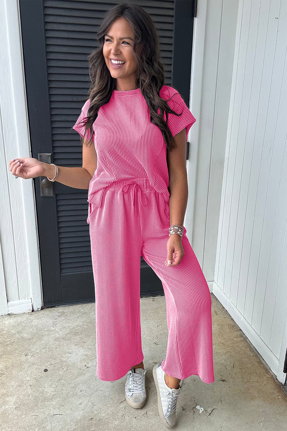 Bright Pink Solid Corded Knit Short Sleeve T Shirt and Wide Leg Pants Set Pant Sets JT's Designer Fashion