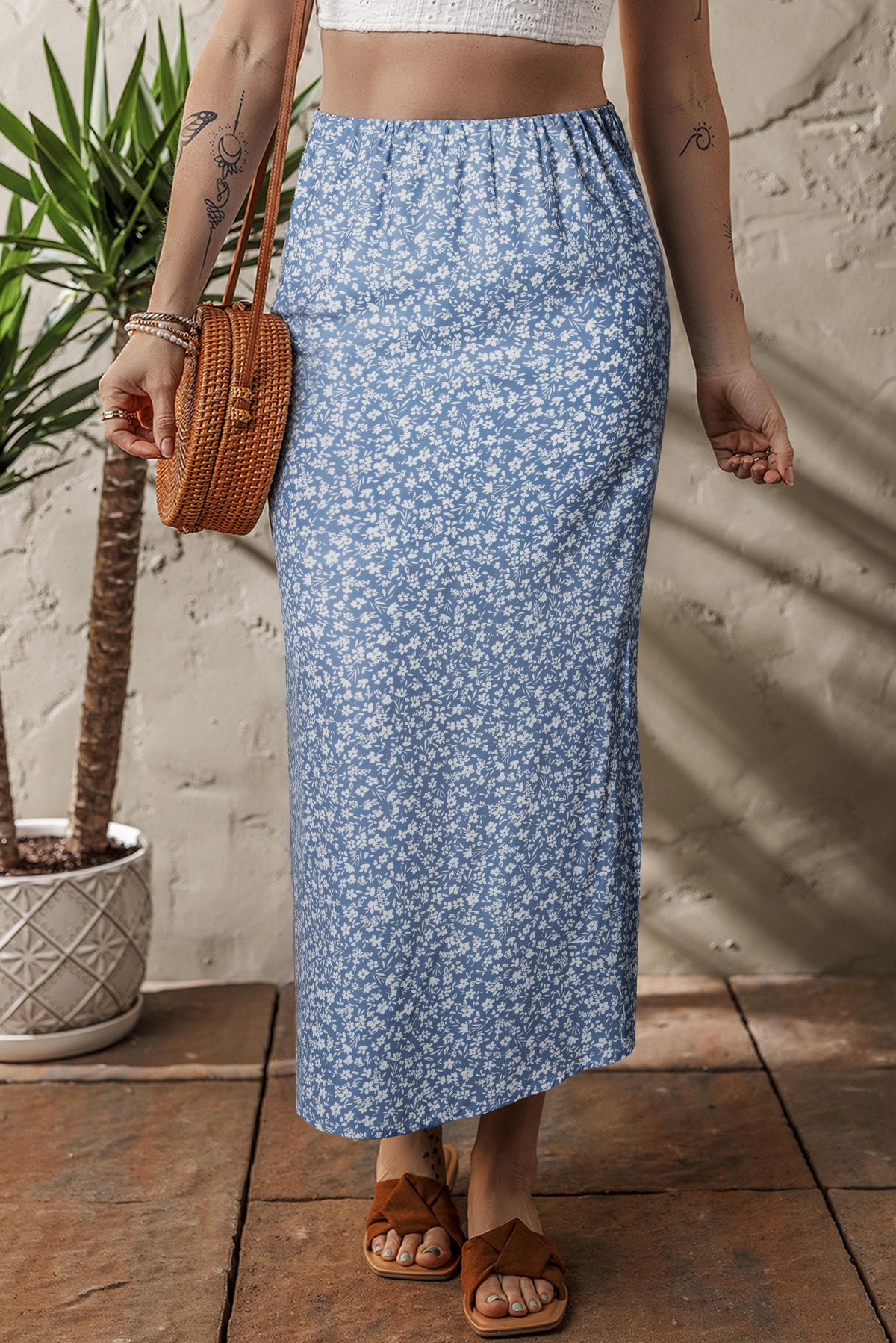 Sky Blue Boho Floral High Waist Long Skirt with Side Split Sky Blue 100%Polyester Skirts & Petticoat JT's Designer Fashion