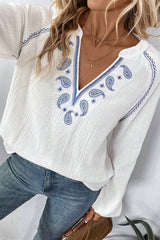 White Paisley Embroidered Textured Split Neck Long Puff Sleeve Blouse White 100%Cotton Blouses & Shirts JT's Designer Fashion