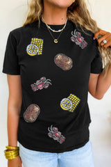 Black Sequin Crawfish Potato Lemon Corn Graphic Crewneck T Shirt Graphic Tees JT's Designer Fashion