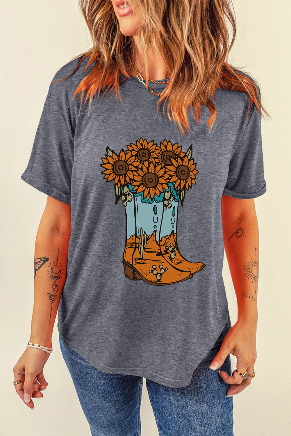Gray Sunflower Cowgirl Boots Print Western Fashion T Shirt Graphic Tees JT's Designer Fashion