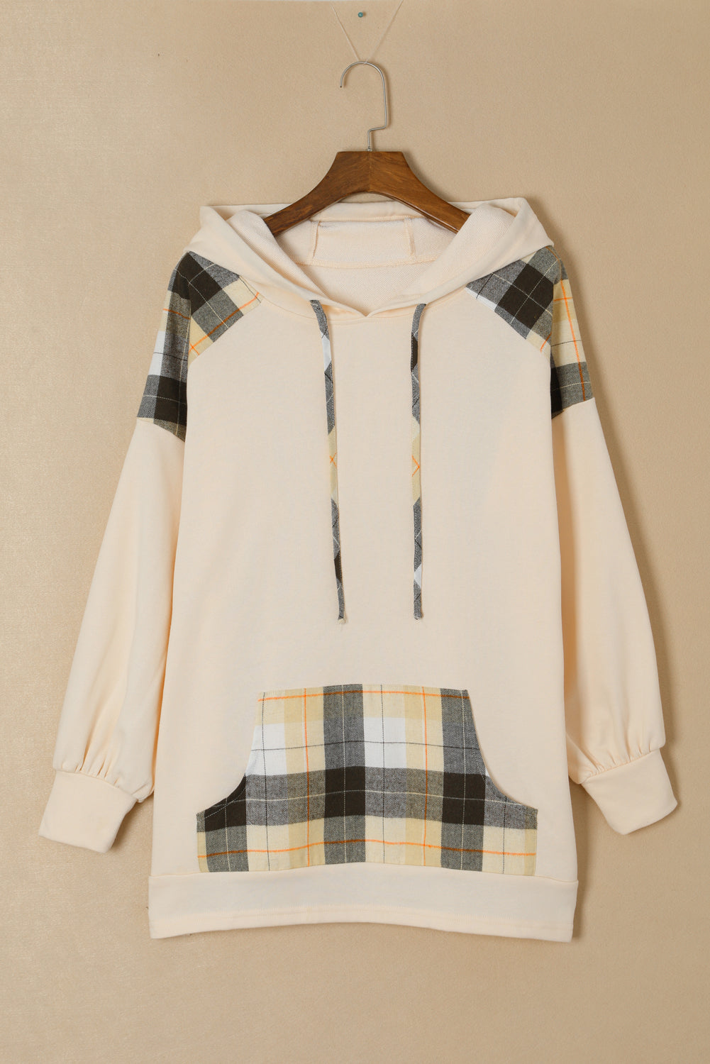 Khaki Plaid Patchwork Kangaroo Pocket Oversized Hoodie Sweatshirts & Hoodies JT's Designer Fashion