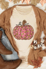 Khaki Cheetah Pumpkin Print Round Neck T Shirt Graphic Tees JT's Designer Fashion