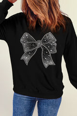 Black Rhinestone Bowknot Graphic Crewneck Pullover Sweatshirt Graphic Sweatshirts JT's Designer Fashion