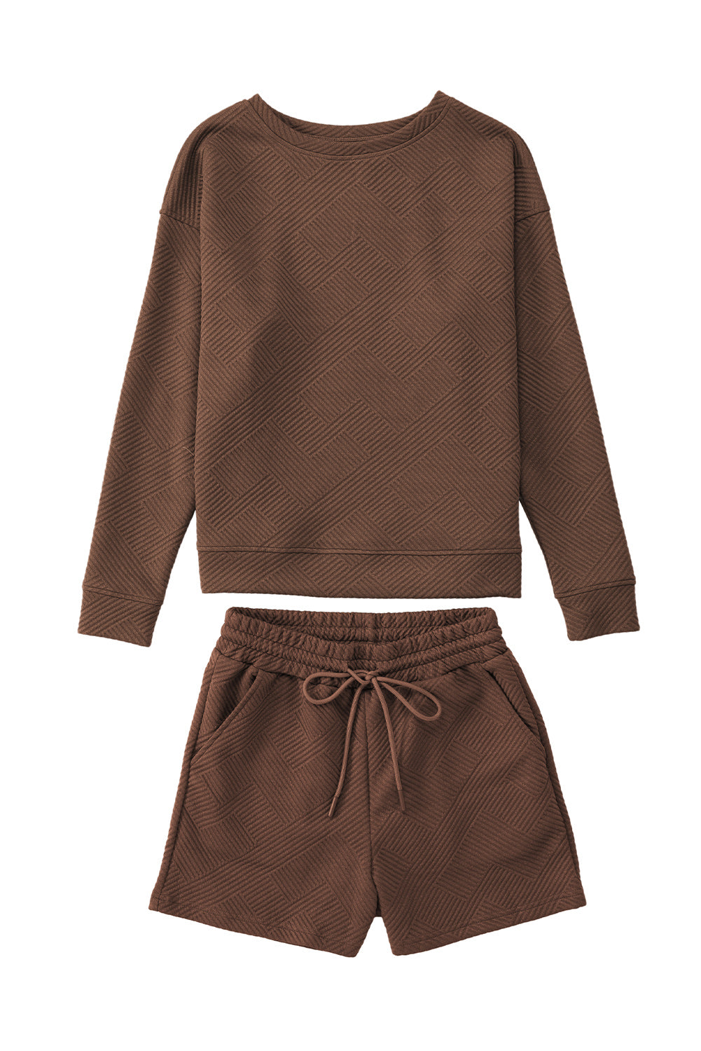 Brown Textured Long Sleeve Top and Drawstring Shorts Set Short Sets JT's Designer Fashion