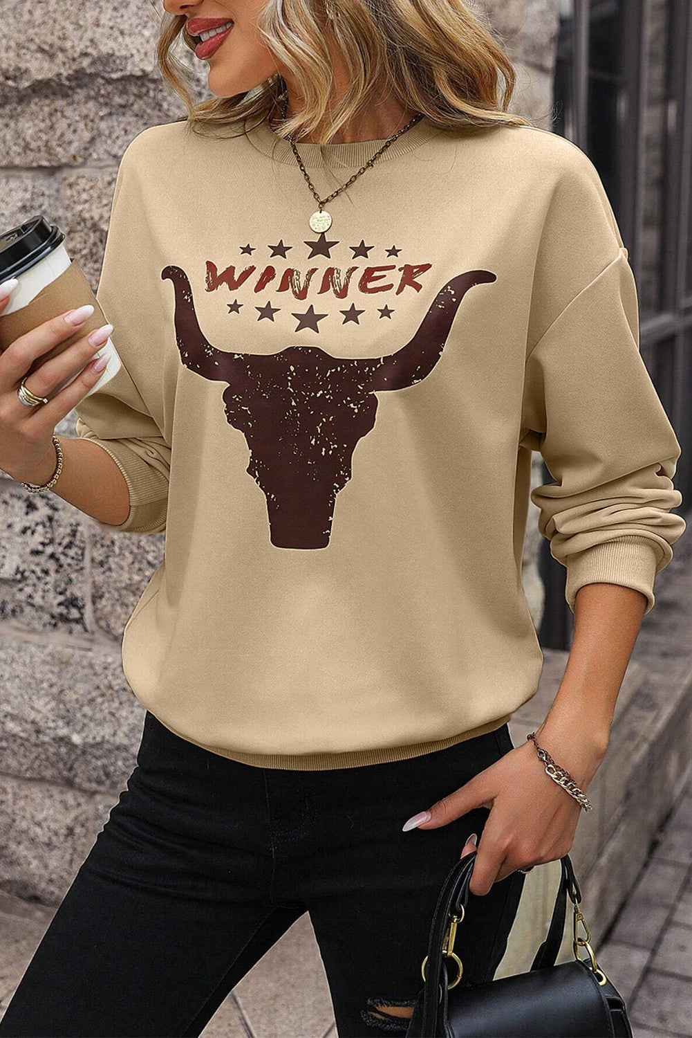 Khaki WINNER Steer Head Graphic Sweatshirt Graphic Sweatshirts JT's Designer Fashion
