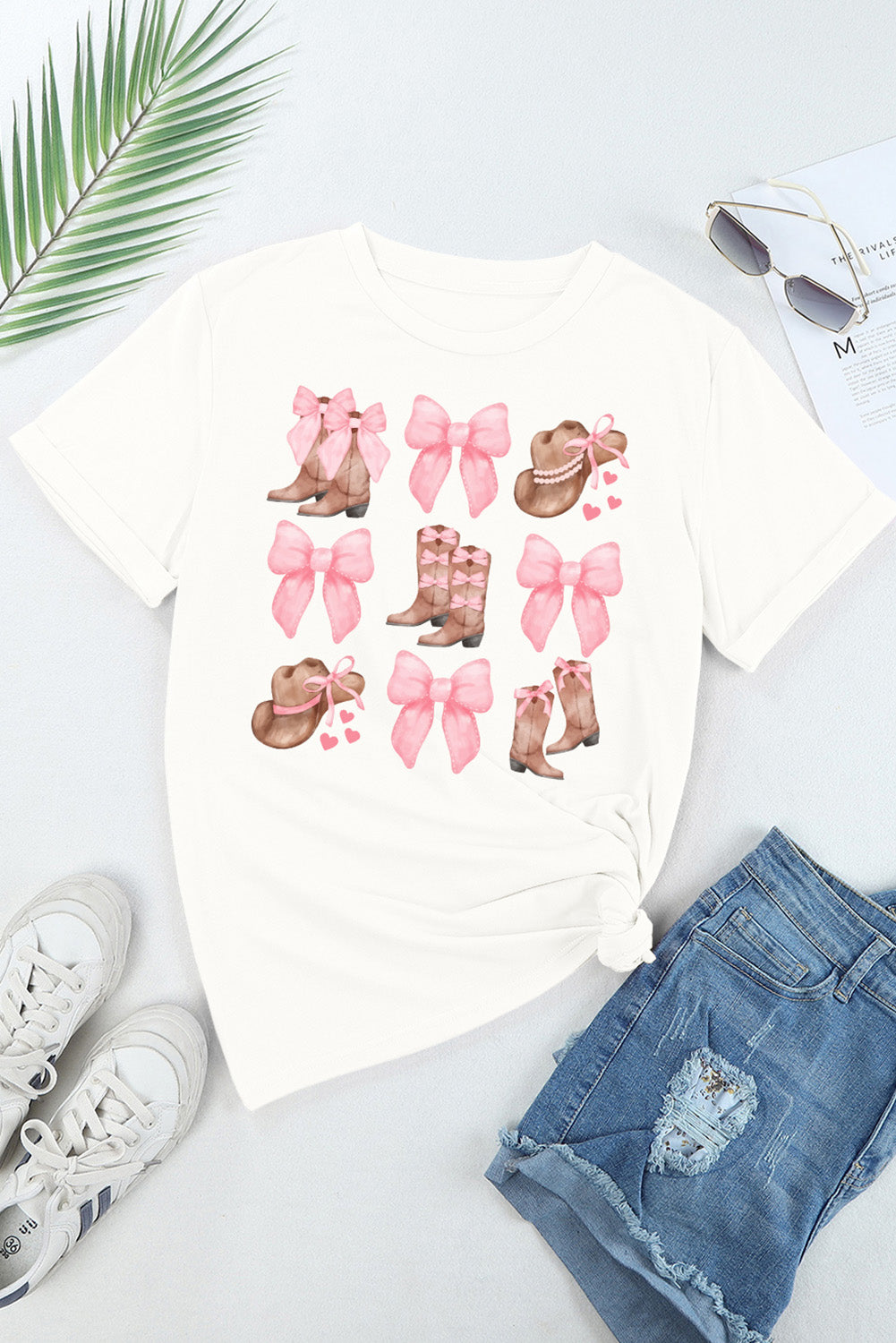 White Western Hat Boots Bow Knot Casual Graphic T Shirt Graphic Tees JT's Designer Fashion