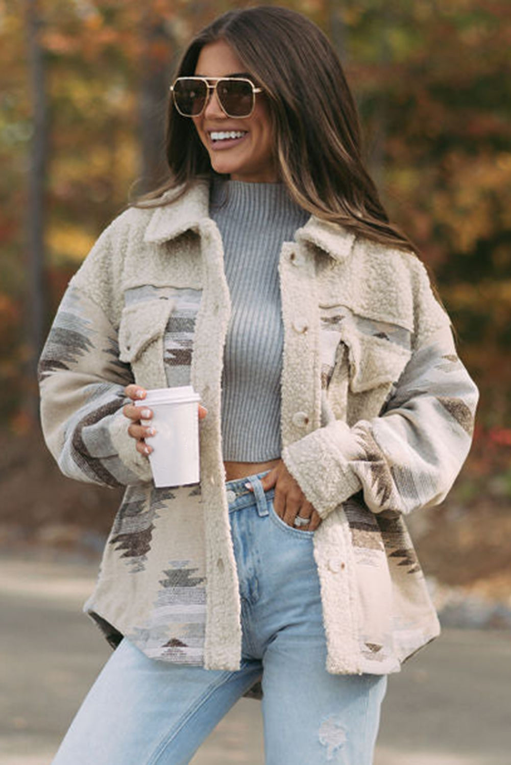 Khaki Western Aztec Print Sherpa Splicing Buttoned Flap Pocket Coat Jackets JT's Designer Fashion
