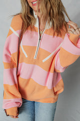 Orange Stripe Colorblock Half Zip Oversize Sweater Sweaters JT's Designer Fashion