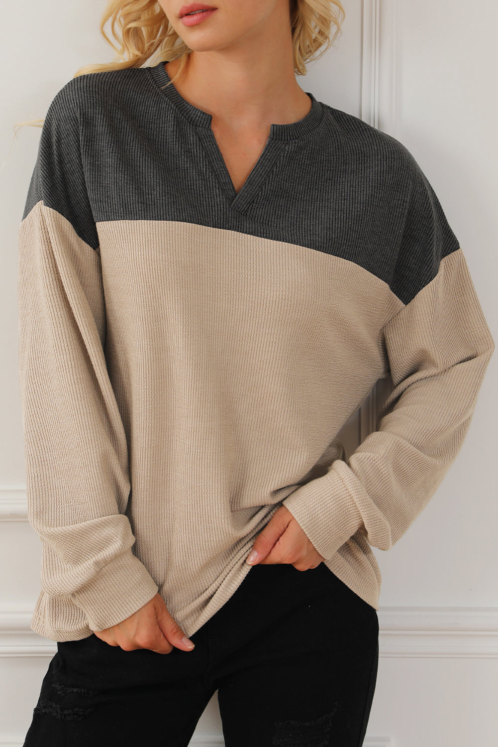 Carbon Grey Notched Neck Colorblock Corded Sweatshirt Sweatshirts & Hoodies JT's Designer Fashion