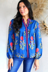 Blue Floral Print Contrast Striped Trim Notched Neck Long Sleeve Blouse Blouses & Shirts JT's Designer Fashion