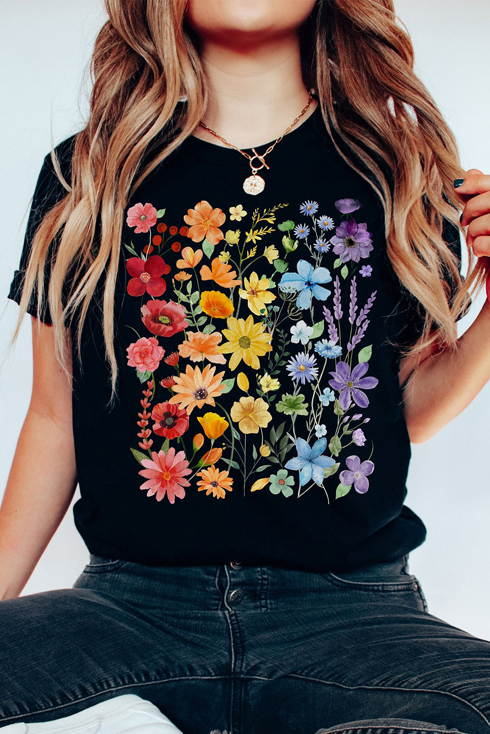 Black Beautiful Flower Print Cotton Blend Casual Tee Graphic Tees JT's Designer Fashion