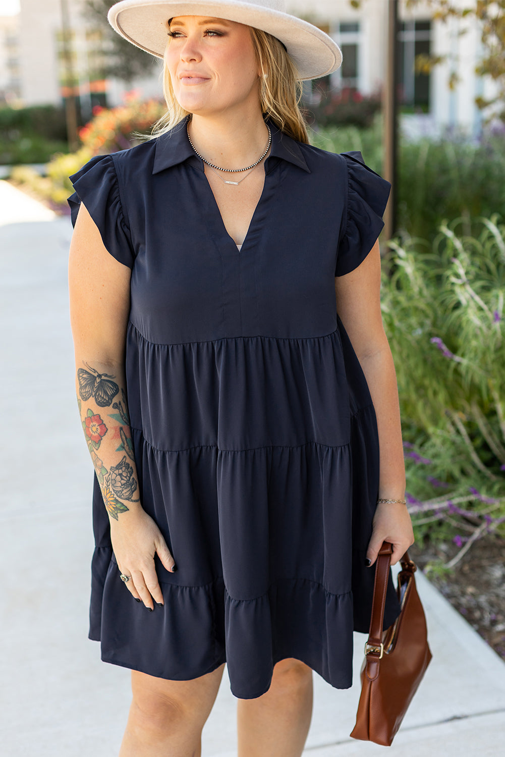 Navy Blue Collared V Neck Flutter Sleeve Tiered Plus Size Dress Navy Blue 100%Polyester Plus Size Mini Dresses JT's Designer Fashion