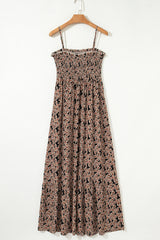 Brown Floral Smocked Bodice High Waist Flowy Sun Dress Floral Dresses JT's Designer Fashion