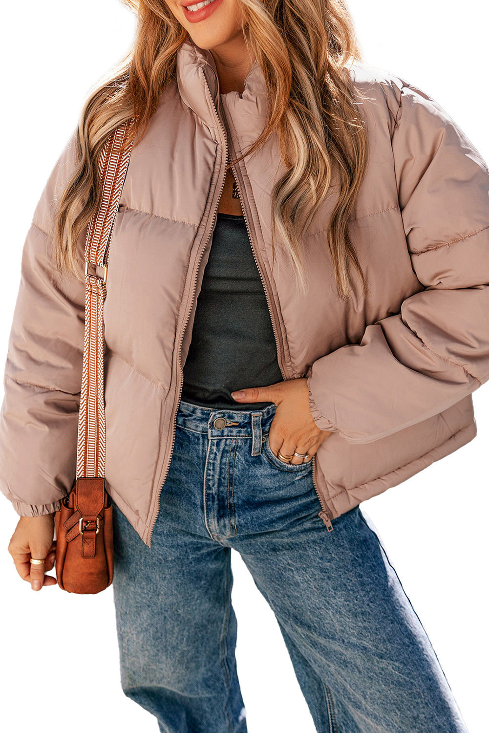 Apricot Pink Full Zipper Quilted Puffer Jacket Jackets JT's Designer Fashion