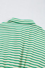 Green Stripe Textured Short Sleeve Collared Buttoned Waist Tie Romper Jumpsuits & Rompers JT's Designer Fashion
