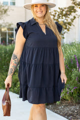 Navy Blue Collared V Neck Flutter Sleeve Tiered Plus Size Dress Plus Size Mini Dresses JT's Designer Fashion