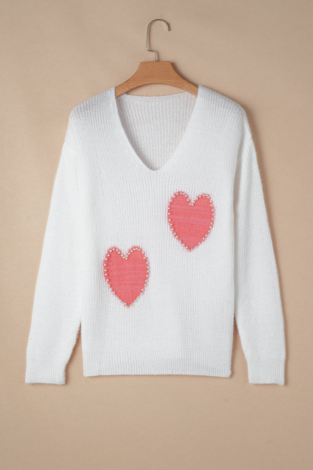 White Pearl Beaded Heart Pattern Fuzzy V Neck Sweater Sweaters JT's Designer Fashion