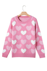Pink Pearled Heart Print Valentines Crew Neck Sweater Sweaters JT's Designer Fashion